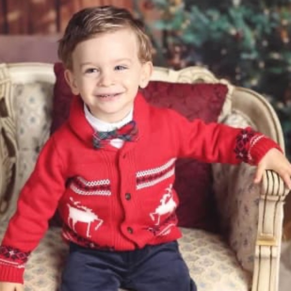 Janie and Jack Size 12-18 Months Fair Isle Reindeer Cardigan Bradbury Red - Picture 9 of 11